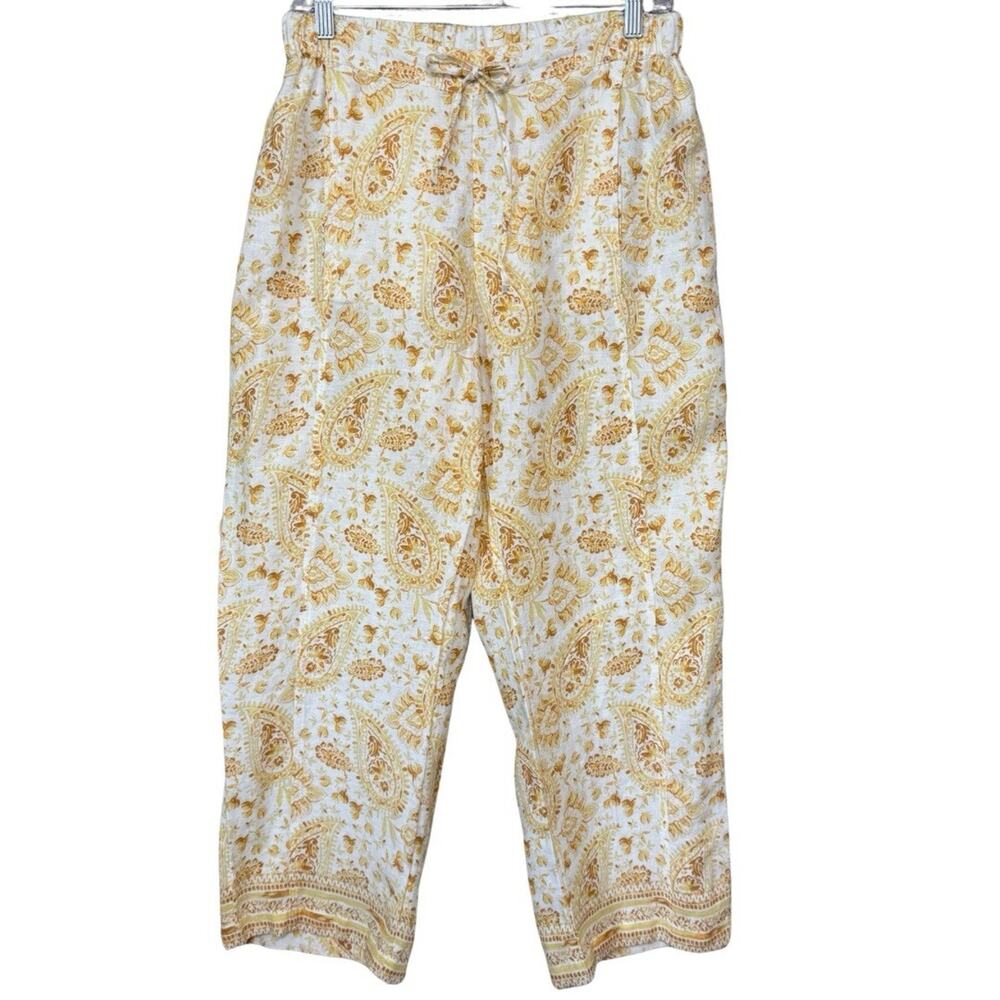 Coldwater Creek Linen Pants Petite Size 6P Yellow Paisley Drawstring Pockets